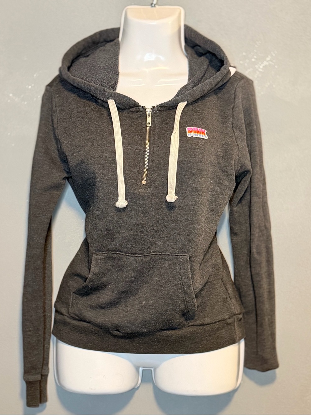 PINK Victoria's Secret Dark Gray Half-Zip Hoodie with Cream Drawstrings
